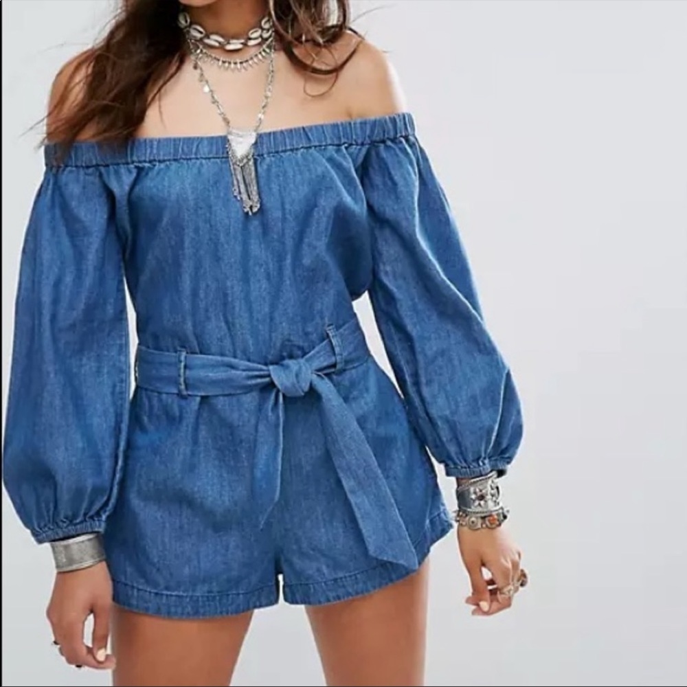 Free people denim tangled in willow chambray romper shorts off shoulder large